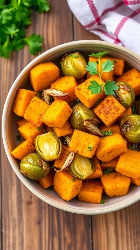 Crispy Air Fryer Butternut Squash and Brussels Sprouts Crispy air-fried butternut squash and Brussels sprouts garnished with parsley on a rustic table.